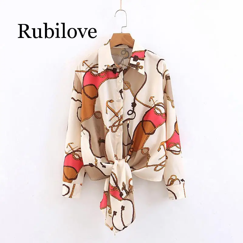 

Rubilove Sweet Chain Pattern Printed Blouses Womens Long Sleeve Short Tops Women Vintage Shirts Knot Front Female Casual Wear To