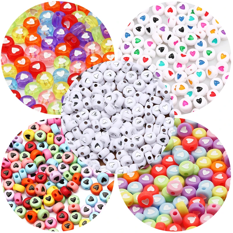

Trend 4x7mm 100pcs Colorful Flat Round Love Heart Acrylic Beads Loose Beads Accessories For Jewelry Making DIY Handmade Supplies