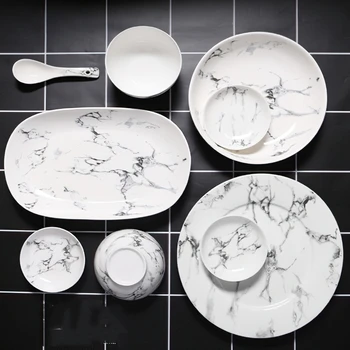 

Ceramics Cutlery Set Nordic Marbling Multiple Size Round Oval Plate Bowl Dish Pot Spoon Tableware Household Kitchen Supplies