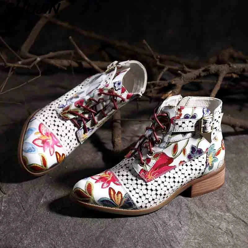 

SHUJIN 2019 Fashion Women Ankle Boots Print Floral High Heel Ladies Shoes Woman Party Dancing Pumps Basic Leather Boots