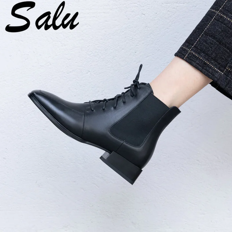 

Salu Punk Women Ankle Boots Corss-tied Patent Leather Party Dancing Shoes Woman High Heels Round Toe Night Club Pumps Boots