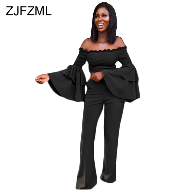 

Ruffles Sexy Birthday Outfits for Women Off Shoulder Flare Sleeve Ruched Crop Tops + Loose Wide Leg Pants 2 Piece Sweat Suit