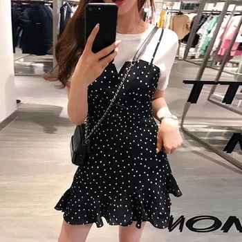 

2PCS Women's Sets 2019 Sweet Summer Short Sleeve Simple Solid T Shirt + Dot Print Mini Camisole Trumpet Dress 2PCS/Set X