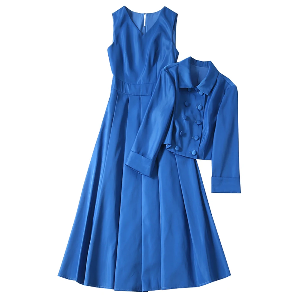 

Red RoosaRosee Designer Women Autumn Fashion 2 Piece Set Short Coat + Sleeveless Midi Dresses Elegant Lady Party Boutique Suit
