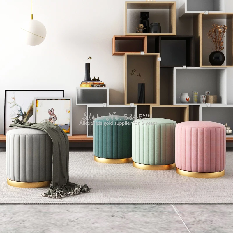 

Simple Wrought Iron Small Stools Home Velet Round Stools Clothing Store Shoe Shop Changing Shoes Bench Ottoman 45*38cm