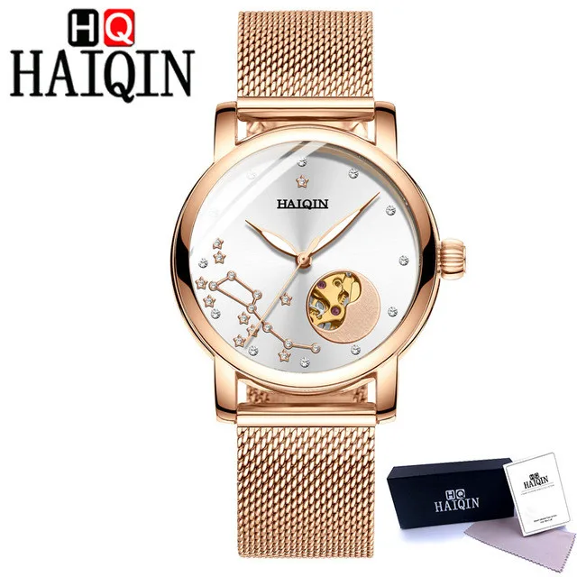 HAIQIN Лидирующий бренд роскошные женские часы кожаный ремешок автоматические механические часы розовое золото модные женские часы под платье reloj mujer - Цвет: rose gold
