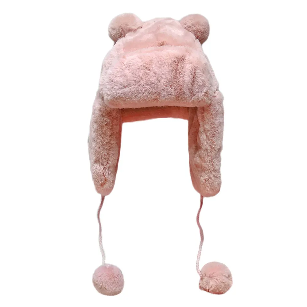 Children's Hat New Plush Thick Cap Baby Girls Boys Cartoon Panda Hair Ball Lei Feng Hat Autumn Winter Thick Warm Earmuffs - Цвет: Pink
