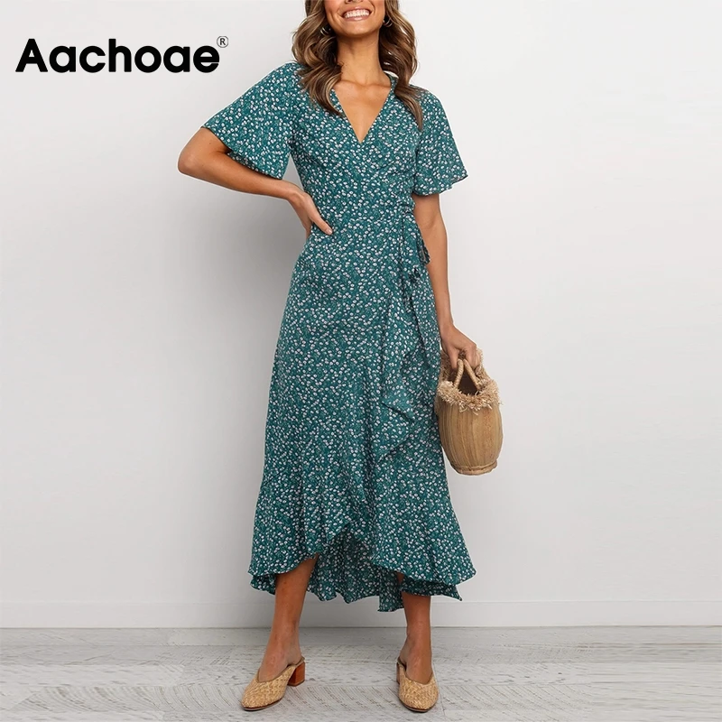 Aachoae Women V Neck Floral Print Beach Long Dress Flare Short Sleeve Casual Maxi Dress Summer Bandage Wrap Dress Femme Robe Aachoae Women V Neck Floral Print Beach Long Dress Flare Short Sleeve Casual Maxi Dress Summer Bandage Wrap Dress Femme Robe