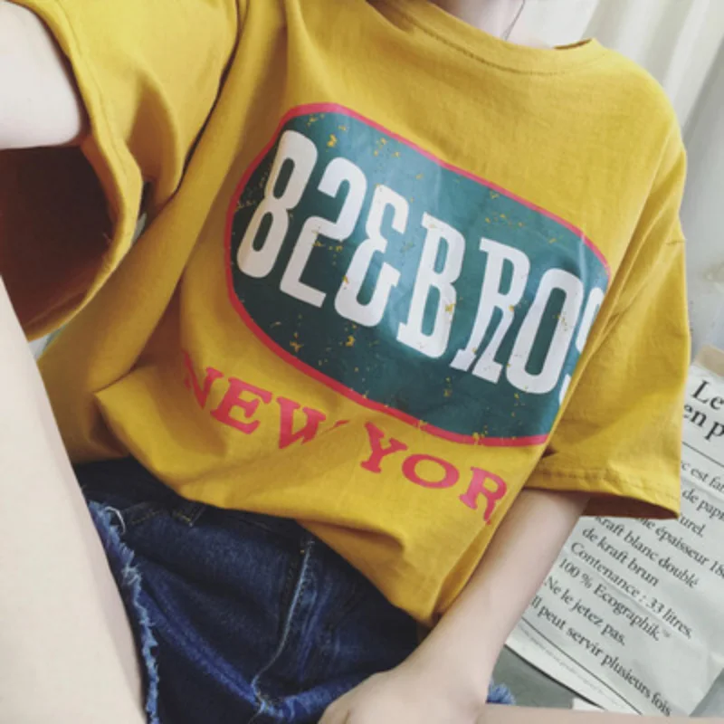 Yellow Летняя Горячая футболка Женская Корейская версия Харадзюку стиль личности письмо печати свободная дикая футболка с коротким рукавом Женская Горячая - Цвет: Yellow