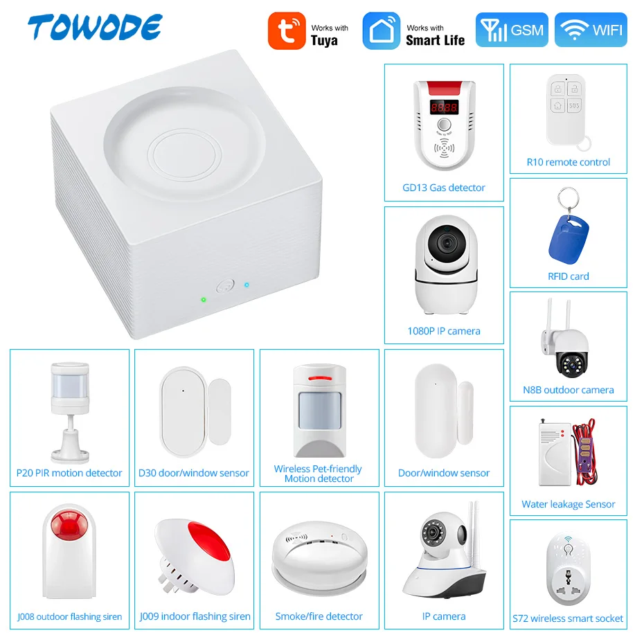 

Towode DIY WIFI GSM TUYA Wireless APP Remote Control Home Security Alarm System 1080P HD Camera EN RU ES PL DE Voice