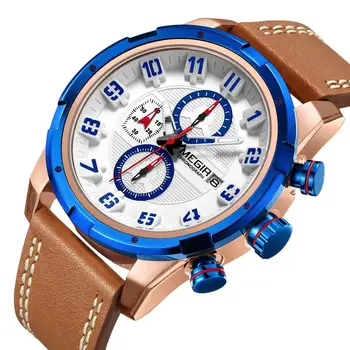 

MEGIR Quartz Watches Men Fashion Sport Casual Chronograph waterproof Luxury Wristwatch Leather Strap watch Male Military Clock