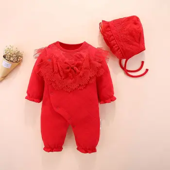 

Red Pink Baby Girl Romper Jumpsuit With Hat 2020 Autumn Winter New Baby Bodysuits Clothing