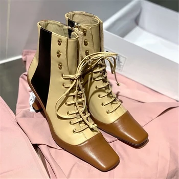 

Sexy High Heels Women Ankle Boots Mixed Color Lace Up Martin Boots Runway Square Toe Short boots Autumn Winter Combat Boots Girl
