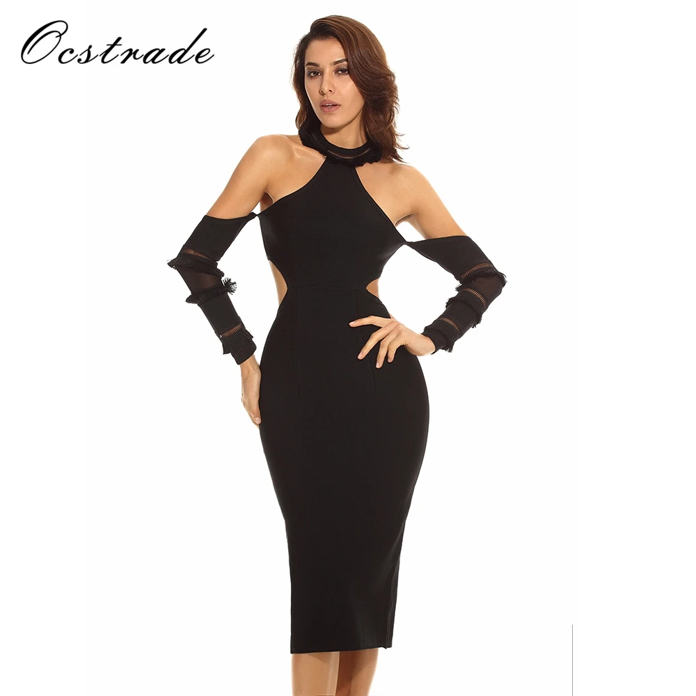 

Bodycon Dress 2017 Sexy Bandage New Arrival Women Black Midi Bandage Dress Rayon with Cut Sleeves Wholesale HL