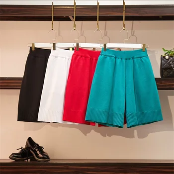 

COIGARSAM 4XL Plus Size Casual Knitting New Summer Loose Straight High Waist Women Shorts White Red Green Black 98859