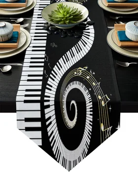 

Black White Piano Keys Tabs Swirl Table Runner Home Kitchen Decorative Table Runner for Wedding Party Cake Floral Tablecloth
