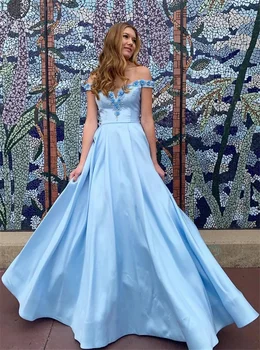 

Sky BLue Satin Prom Dresses Off Shoulder A-line Floor Length Flowers Beading V-neck Pearls Evening Dresses платья знаменитостей