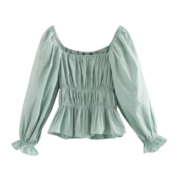 

2020 Spring Women's New Square Collar Leak Clavicle Lantern Long Sleeve Elastic Top Elastic Waist Design Slim Shirt