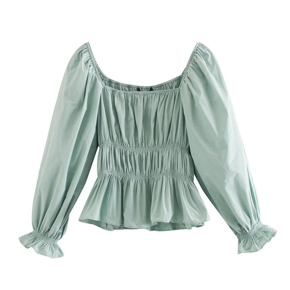 Весна 2020 женский новый квадратный воротник утечка ключицы фонарь длинный рукав