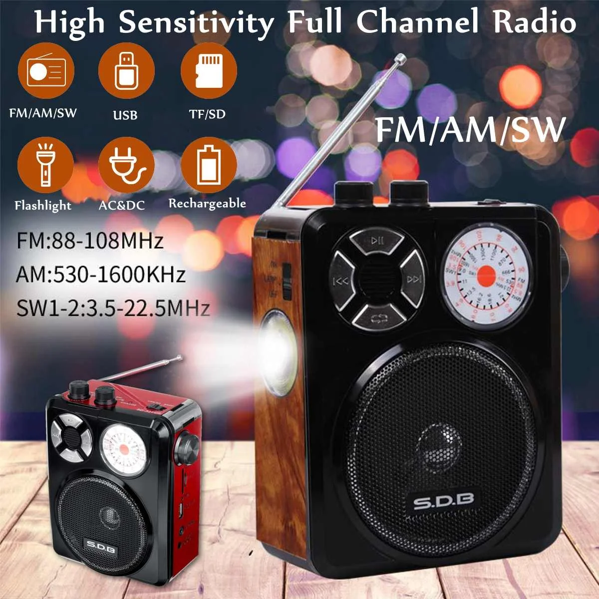 classical Mini Portable AM FM SW1 SW2 full channel Radio Receiver Handheld Digital FM USB TF MP3 Player Speaker Rechargeable