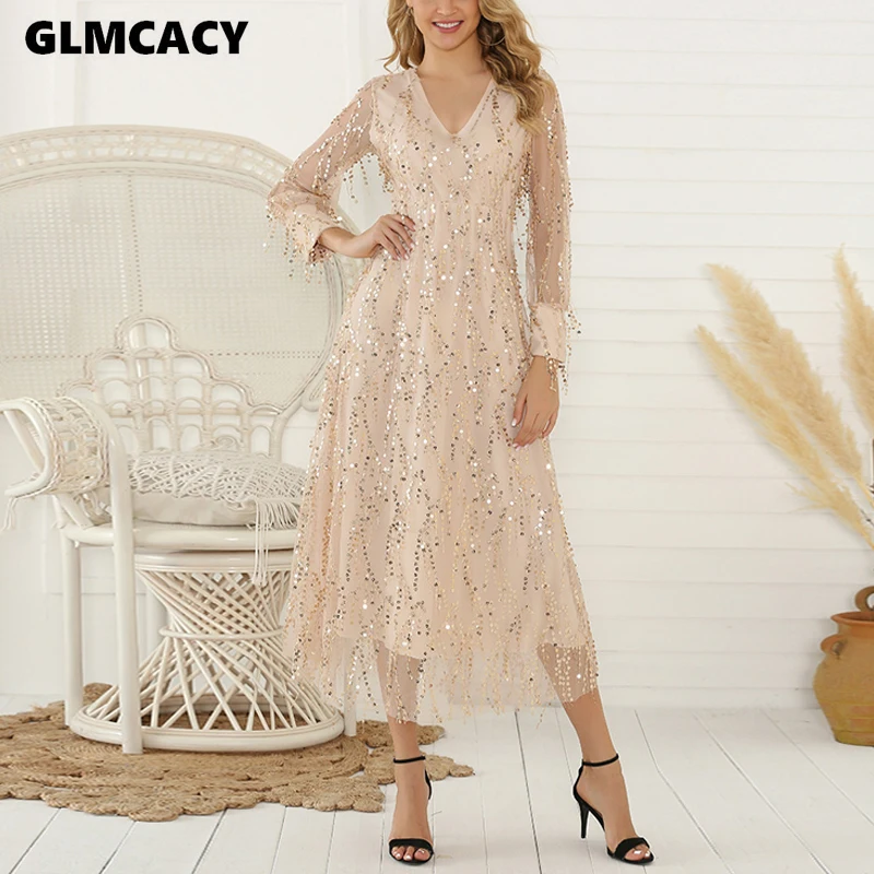 

Women Streetwear V-neck Tassel Long Sleeve Long Dress Autumn Elegant Solid Loose Ankle-length Dress Sequined Dress