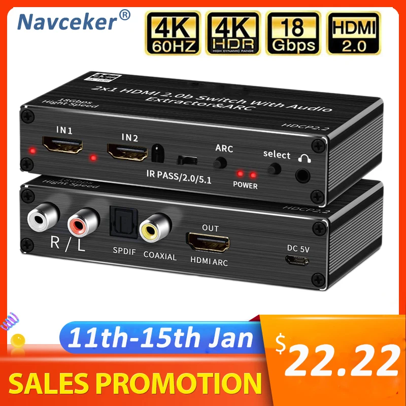 Мини 2x1 4K HDMI переключатель аудио экстрактор с дугой и оптическим Toslink 2 0 60 Гц