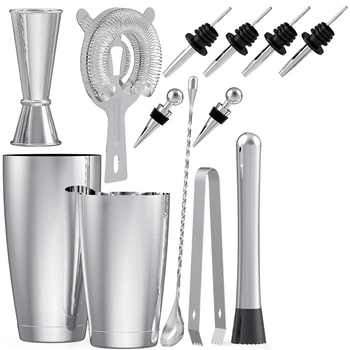 

Stainless Steel Boston Cocktail Shaker Bar Set Tools with 28Oz/20Oz Shaker Tins, Measuring Jigger, Mixing Spoon, Liquor Pourers,