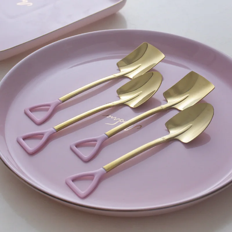 Golden Pink Spoon Iron Catalpa Shape Retro Cute Square Head Children