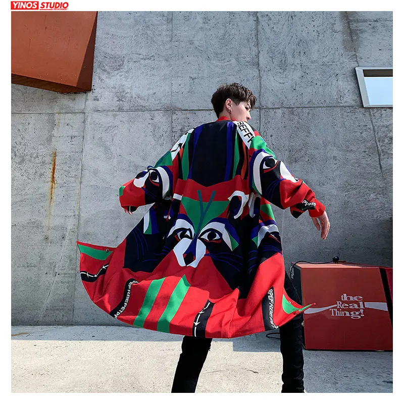 Прямая поставка осенние Удлиненные Пальто Японская уличная одежда Лоскутная мужская куртка-ветровка мешковатый плащ с животным принтом