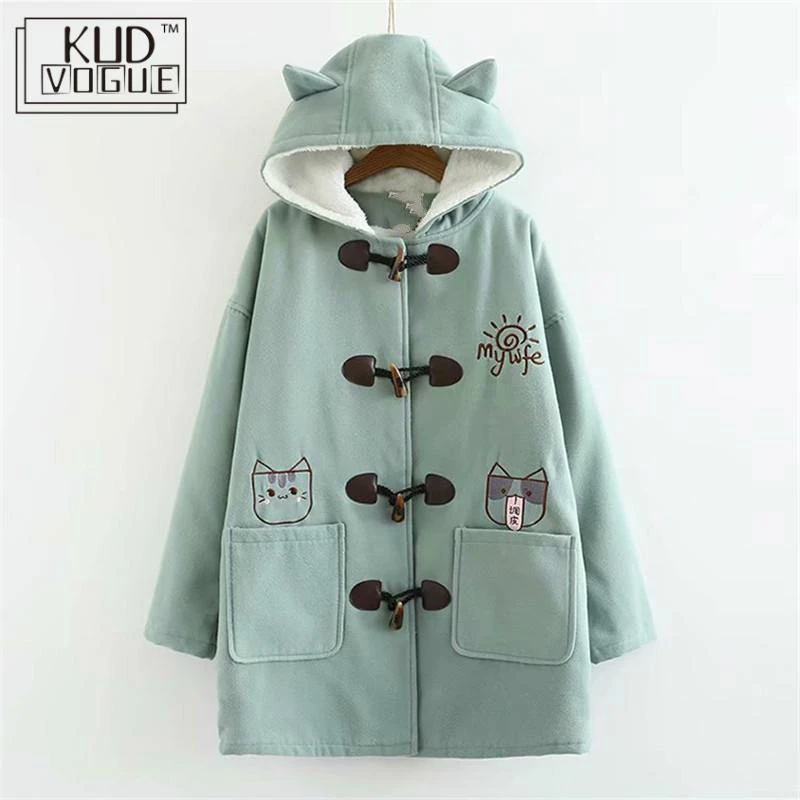 Теплая зимняя куртка с капюшоном в японском стиле Kawaii для девочек длинное шерстяное пальто с вышитыми карманами и пряжкой в виде кошки плотная Шерстяная Одежда Mori Girl