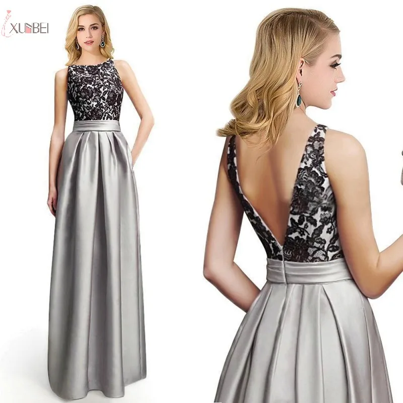 Silver Long Bridesmaid Dresses Elegant Lace Applique Wedding Party Guest Gown Sleeveless robe demoiselle d'honneur