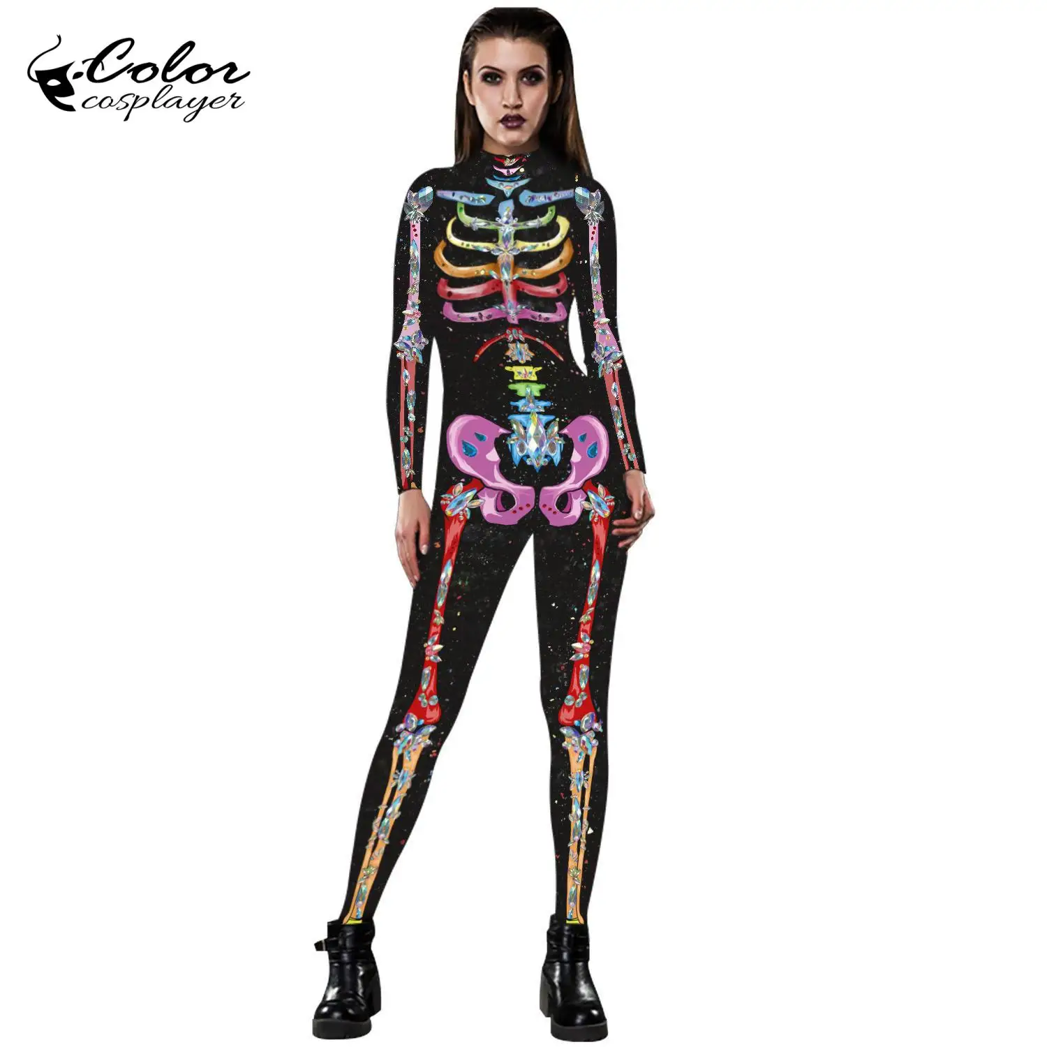 Cena Kolor cosplayer nowe różane szkielet kostium 3D druku straszny Halloween kostiumy dla kobiet mechaniczna czaszka body plus size