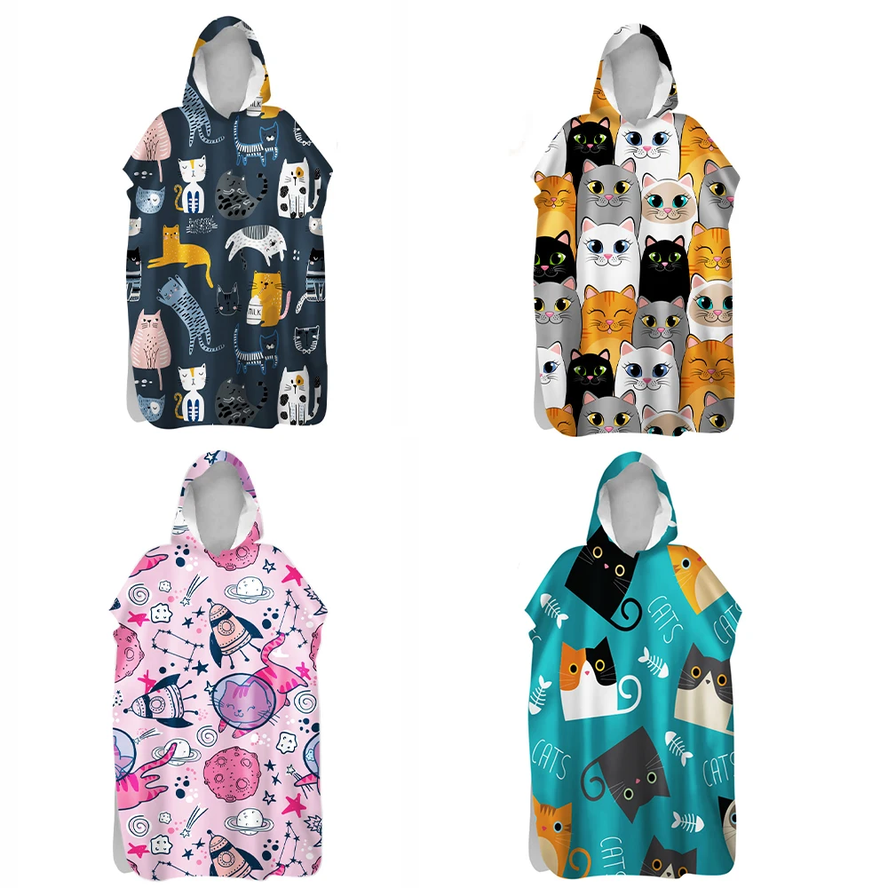 2021 Microfiber Sunscreen Quick-Drying Cartoon Cat Beach Towel Warm Change Bathrobe Swimsuit Ultralight Travel Cloak Surf Poncho