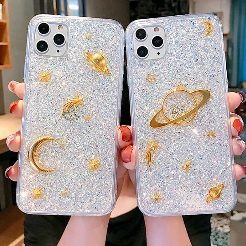 Luxury Space Moon Glitter Phone Case For iphone 11 Pro Max Case XS MAX XR 6 7 8 plus XS X Universe Planet Sequins Silicon Cover