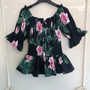 

Summer Sexy Floral Print Blouses Women Runway 2020 Slash Neck Short Sleeve Brand Blouse Tops