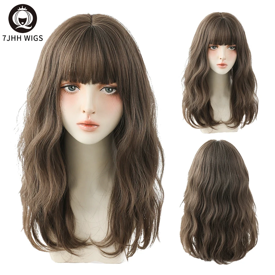 7JHH WIGS Long Wavy Synthetic Wigs With  Blend Fluffy Bangs Brown For Women's Daily Wear Four Seasons Heat-Resistant Hair Toupee