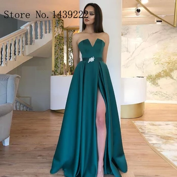 

Green Simple Satin Evening Gowns High Slit Formal Long Dresses A line Celebrity Formal Dresses Robe De Soiree Evening Dress