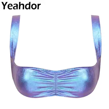 

Women Fashion Metallic Mermaid Sleeveless Crop Top Wide Shoulder Straps Front Smocking Bra Sexy Tops for Club Music Festival
