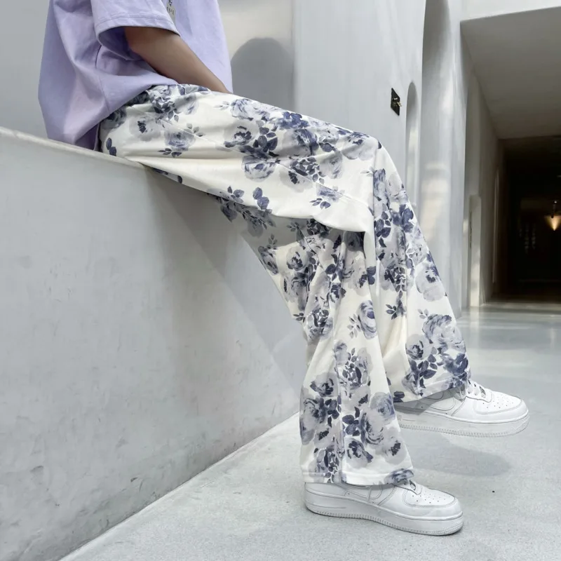 Spring Summer Flower Pants Men's Fashion Printed Casual Pants Men Streetwear Loose Hip-hop Straight Wide-leg Mens Trousers wide leg pants wide leg sweatpants men cargo pants