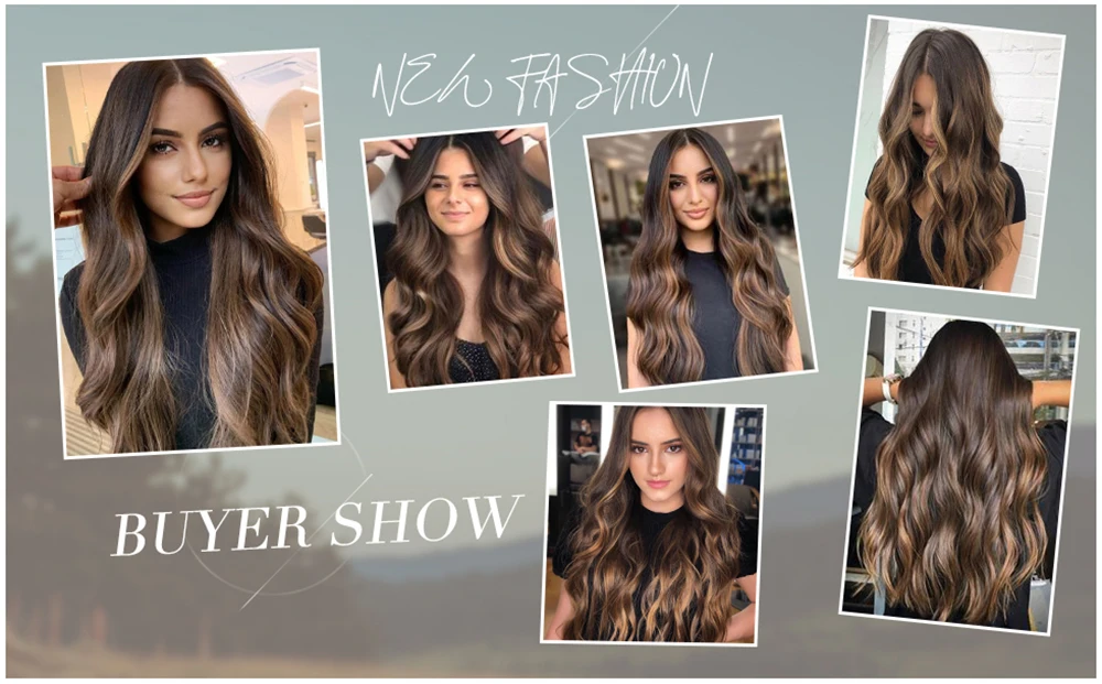 Long Water Wavy Synthetic Wigs Ombre Brown Middle Part Natural Hair Wigs For Women Cosplay Wigs Heat Resistant Fiber
