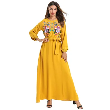 

Embroidery Muslim Dress Women A-line Lace-up Cotton Moroccan Kaftan Hijab Vestidos Maxi Floral Dubai Arabic Islamic Clothing