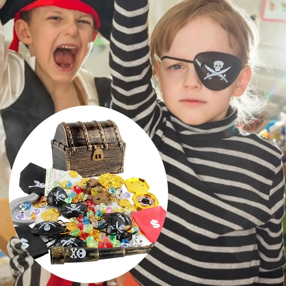 143pcs Kid Pirate Chest Box Golden Box Toy Kit Pirate Eye Sticker Retro Chest Children's Treasure HuAnt