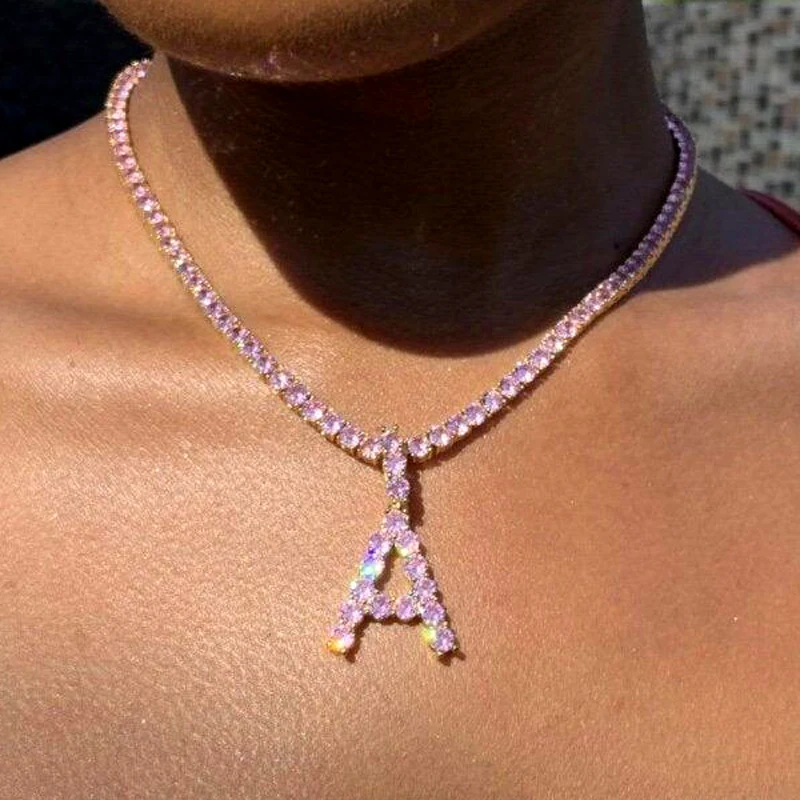 

hip hop Men women pink cz jewelry 2020 iced out cubic zirconia 5mm cz tennis chain Bubble Letter Alphabet Charm pendant necklace