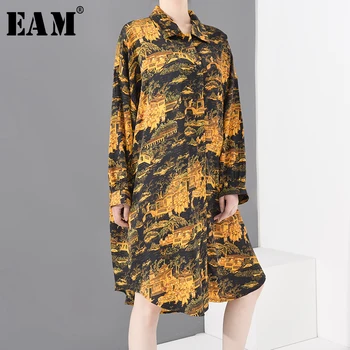 

[EAM] Women Yellow Pattern Printed Big Size Long Blouse New Lapel Long Sleeve Loose Fit Shirt Fashion Spring Summer 2020 1T84407