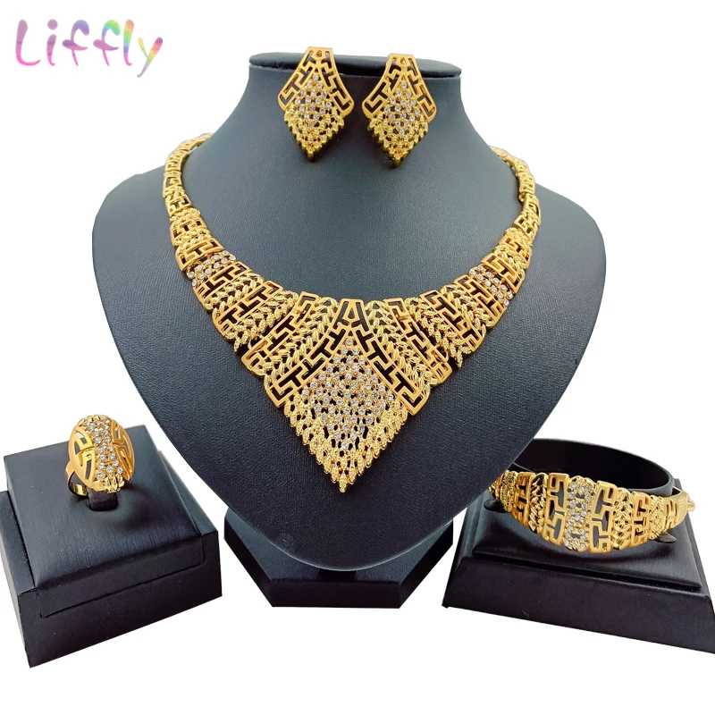 

2019 New Dubai Gold Jewelry Sets Hollow Design Bracelet Earrings Ring for Women's Wedding Party Jewelry Set Indian Jewellery
