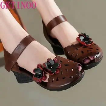 

GKTINOO Retro Handmade Women's Sandals 2020 Summer Flower Genuine Leather Female Shoes Hollow Hole Woman High Heel Sandals