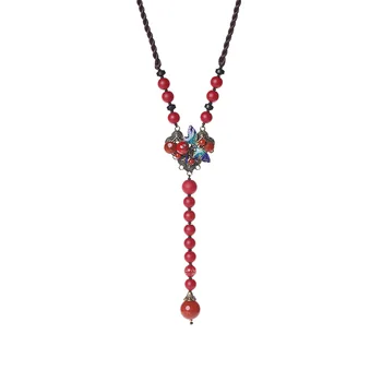 

Red Agate Sweater Chain Women's Long Fashion Necklace Cloisonne Dragonfly Shaped Accessories Glass Hanging Chain For Girlfriend
