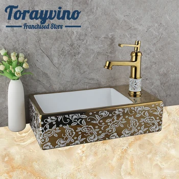 

Torayvino bathroom sink set lavabo Art Pattern Gold Ceramic Vessel basin with brass faucet single handle deck mounted mixer tap