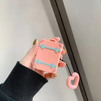 

Cute Suitcase Luggage Case Silicone Protective Cover for airpods 1/2 Bluetooth Earphone With Love Heart Finger Ring Strap X3UA