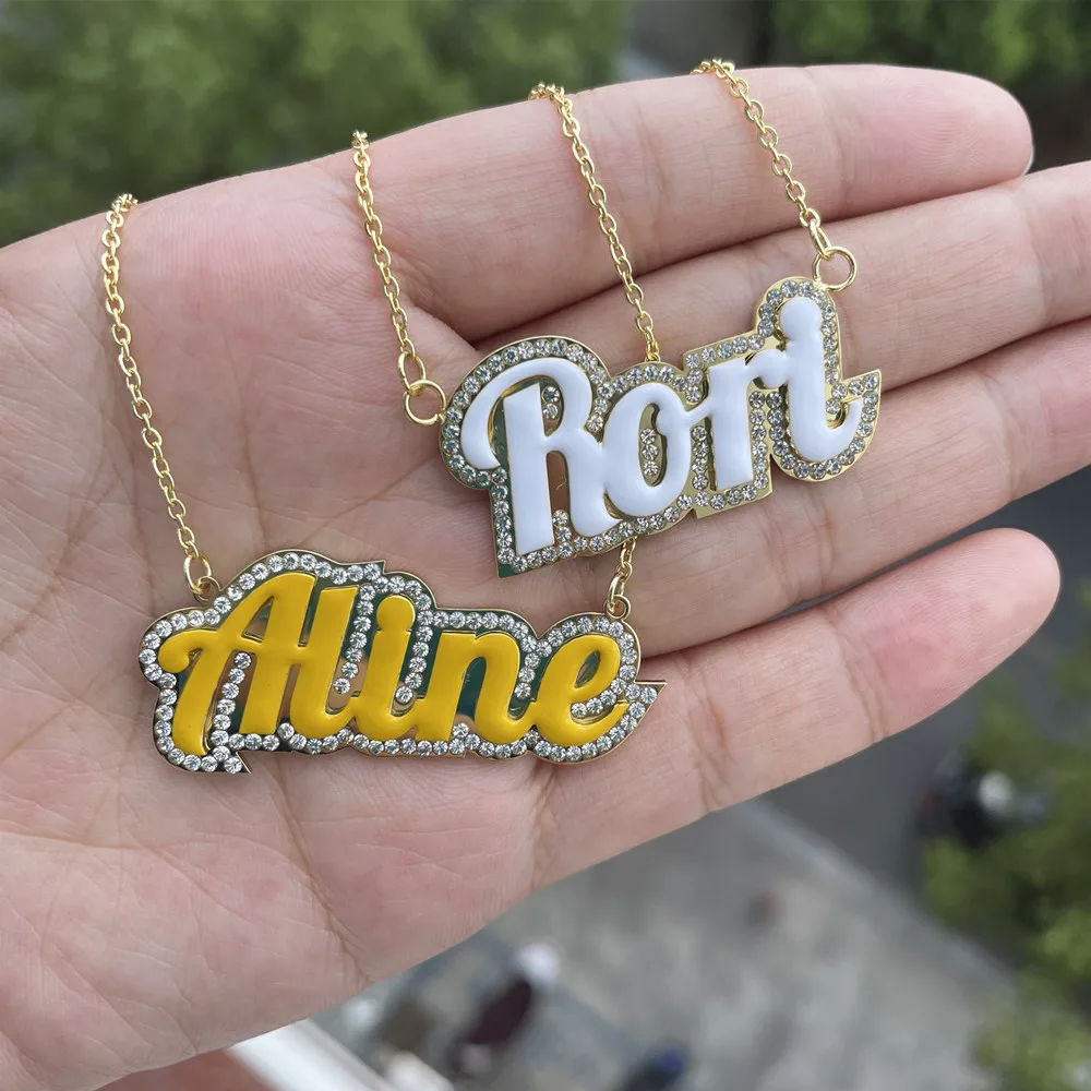

2021 New Enamel Name Necklace Women Personalized Custom Name Necklace Rhinestone Pendant Necklace Gift